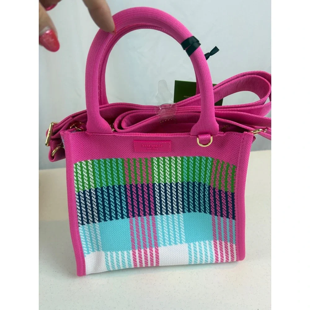 Kate Spade New York Target Pink Plaid Knit Mini Tote Crossbody Bag New - Picture 2 of 11